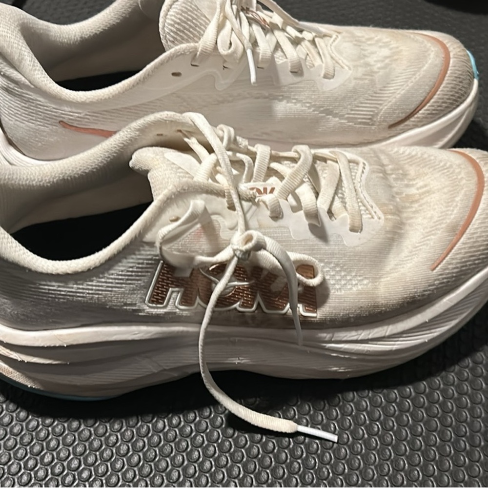 Hoka Cream and White Athletic Shoes